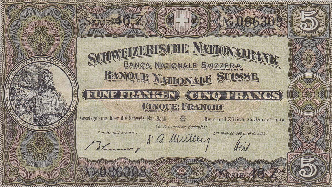 Front of Switzerland p11n: 5 Franken from 1949