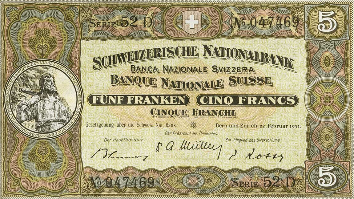 Front of Switzerland p11o: 5 Franken from 1951