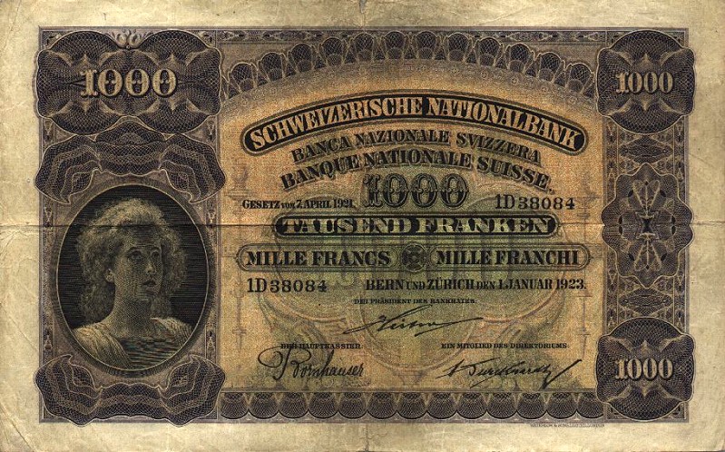 Front of Switzerland p30: 1000 Franken from 1923