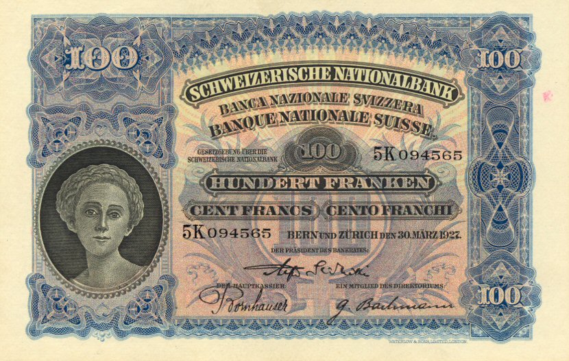 Front of Switzerland p35c: 100 Franken from 1927