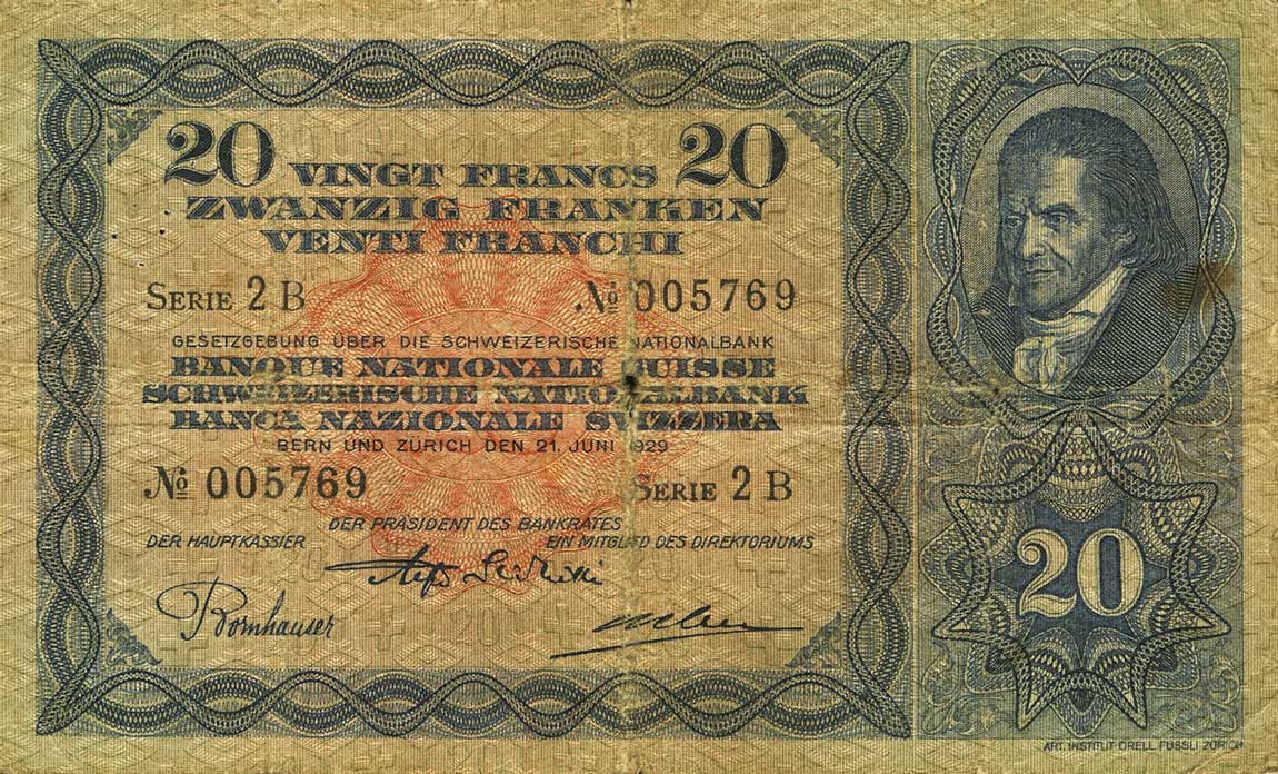 Front of Switzerland p39a: 20 Franken from 1929