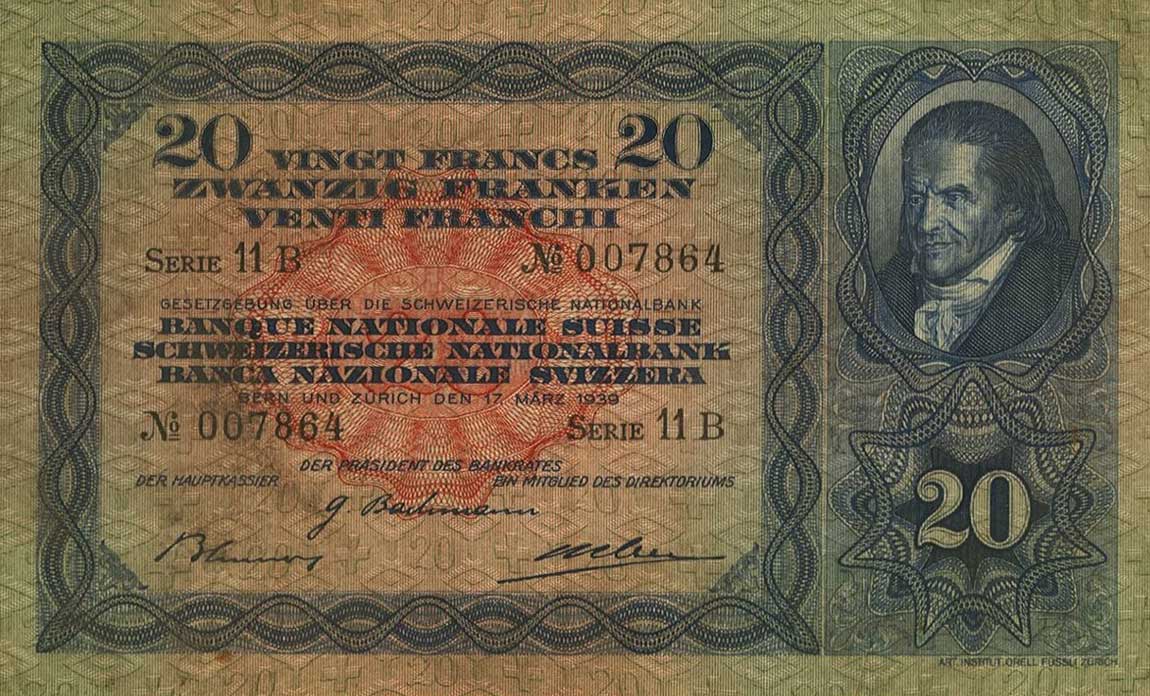 Front of Switzerland p39i: 20 Franken from 1939