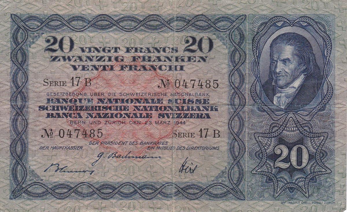 Front of Switzerland p39m: 20 Franken from 1944