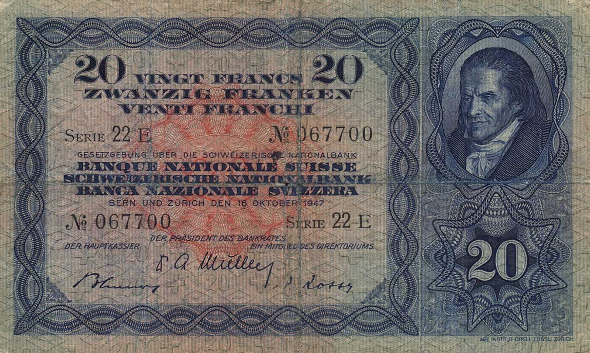Front of Switzerland p39p: 20 Franken from 1947