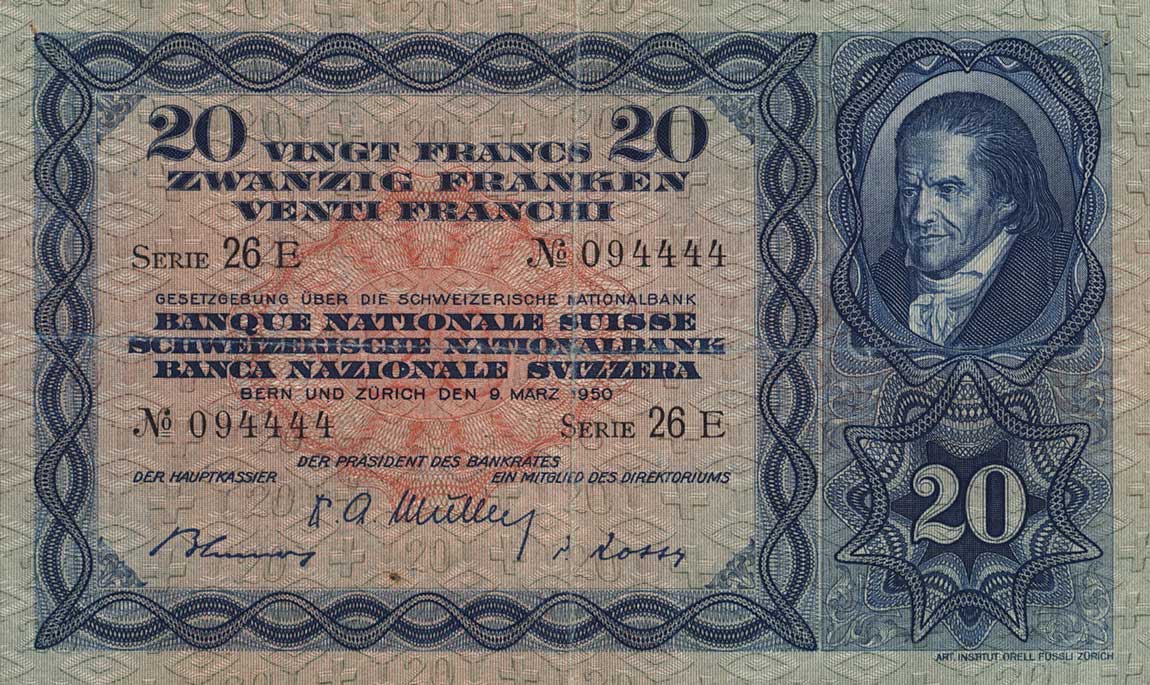 Front of Switzerland p39r: 20 Franken from 1950