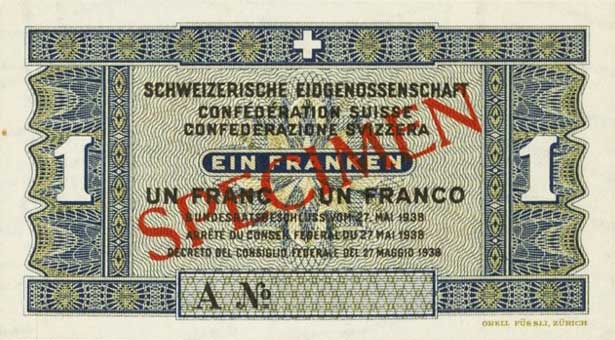 Front of Switzerland p40s: 1 Franken from 1938