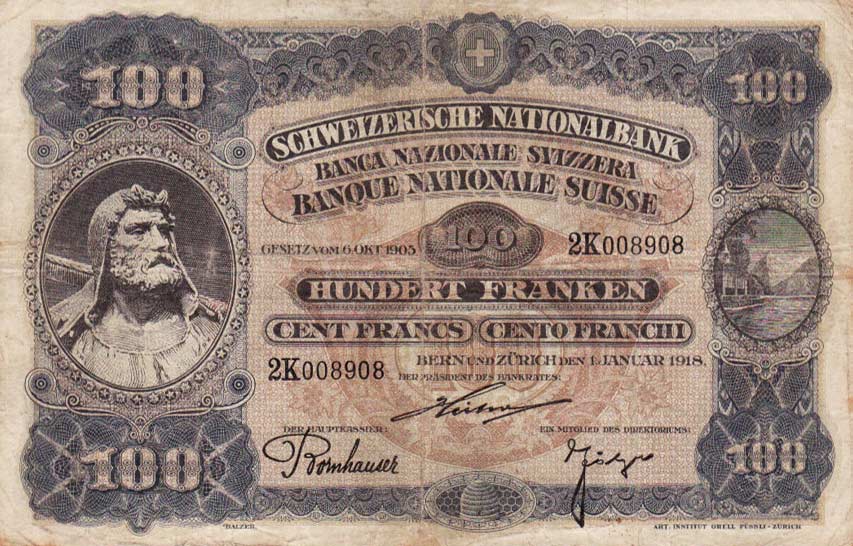 Front of Switzerland p9a: 100 Franken from 1918