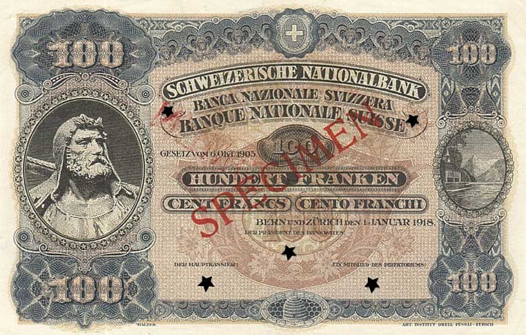 Front of Switzerland p9s: 100 Franken from 1918