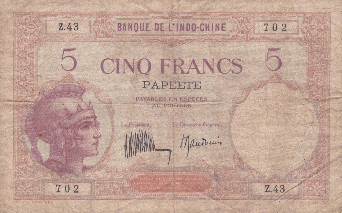 Front of Tahiti p11b: 5 Francs from 1927
