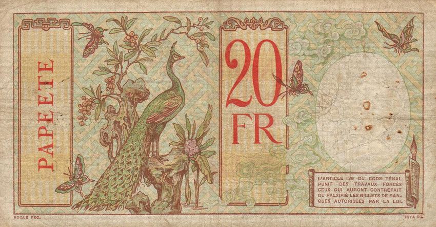 Back of Tahiti p12b: 20 Francs from 1928
