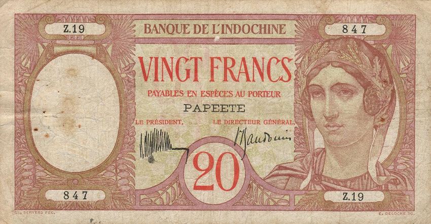 Front of Tahiti p12b: 20 Francs from 1928