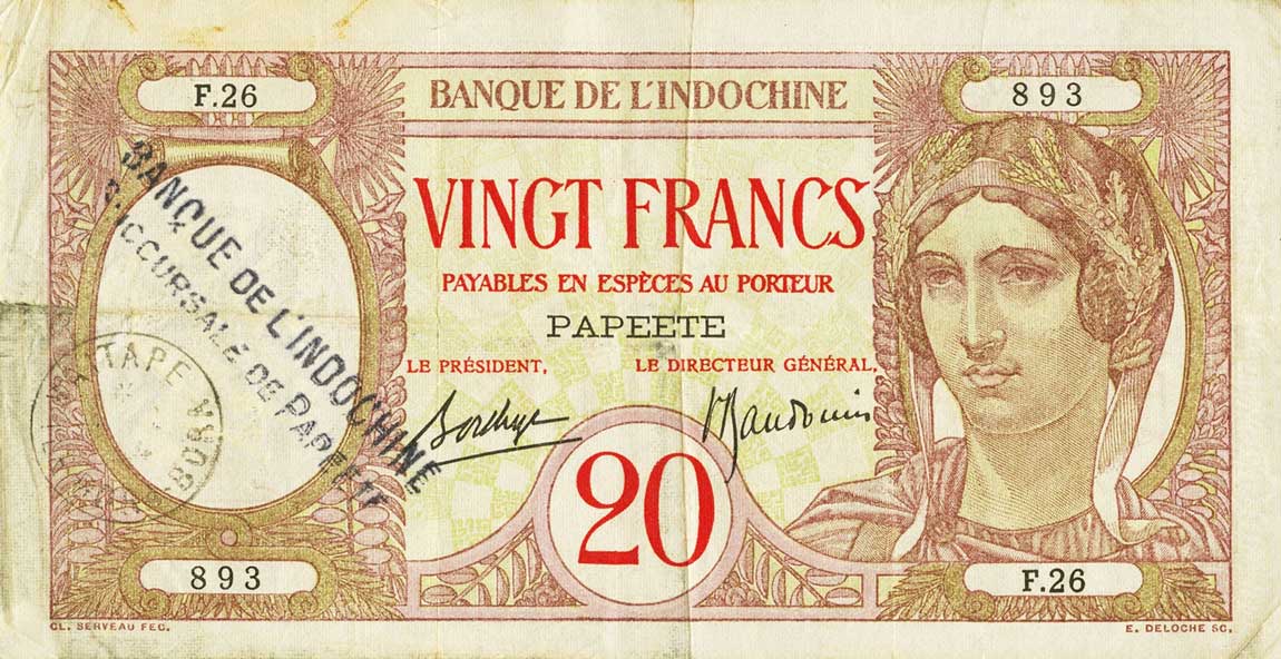 Front of Tahiti p12e: 20 Francs from 1928