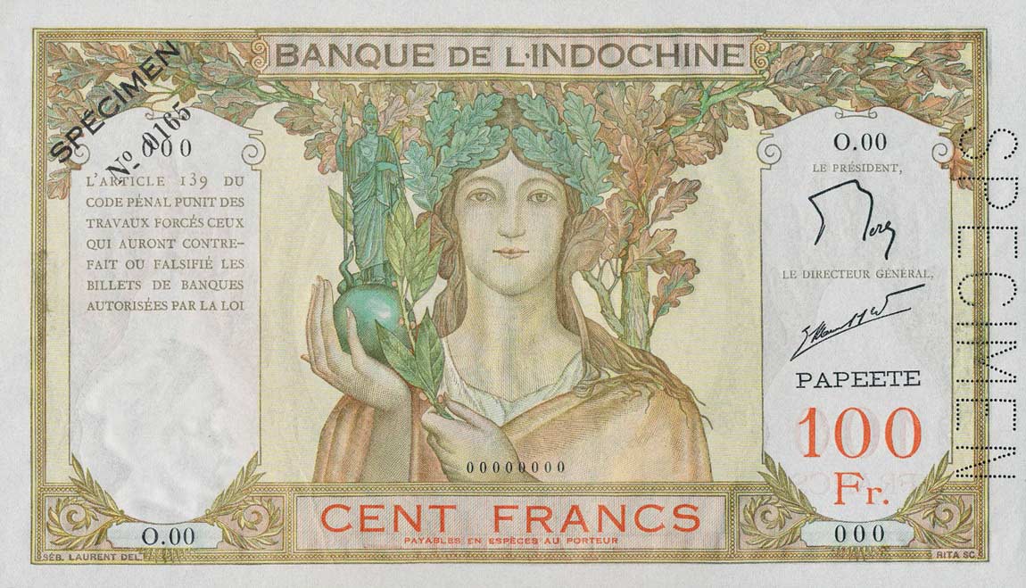 Front of Tahiti p14s: 100 Francs from 1939