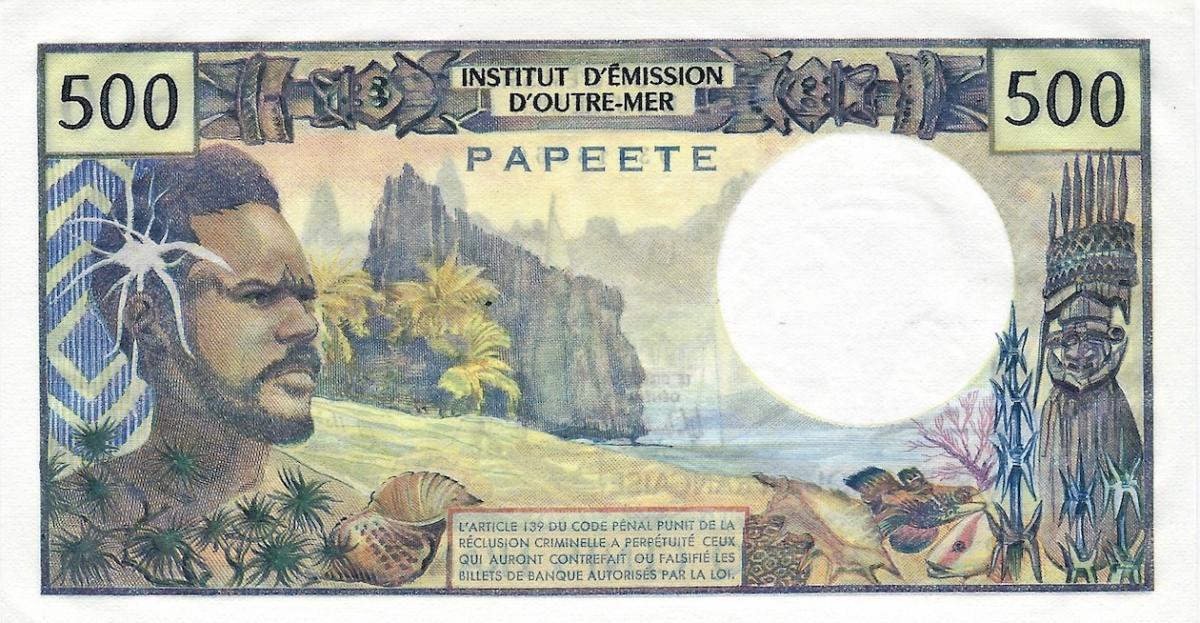 Back of Tahiti p25b2: 500 Francs from 1970