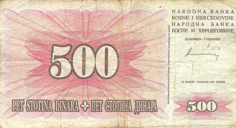 Front of Bosnia and Herzegovina p45a: 500 Dinara from 1994