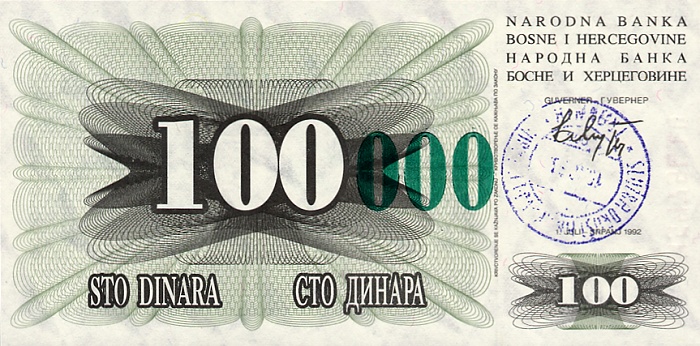 Front of Bosnia and Herzegovina p56c: 100000 Dinara from 1993