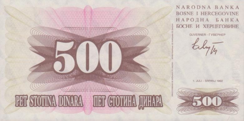 Front of Bosnia and Herzegovina p14a: 500 Dinara from 1992