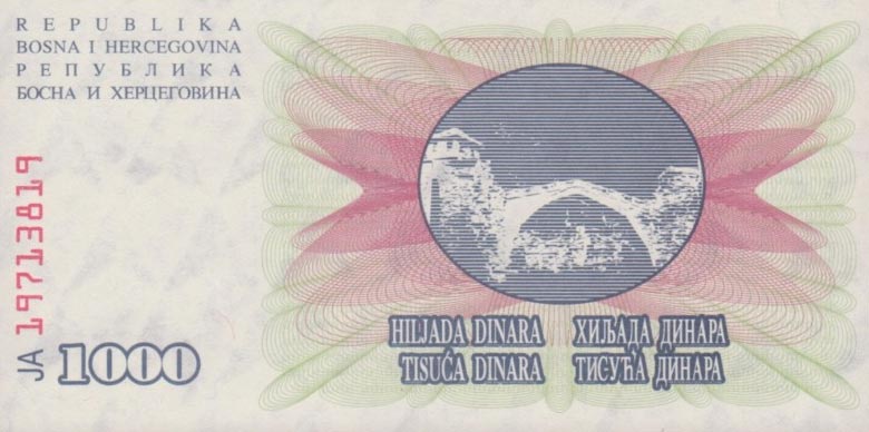 Back of Bosnia and Herzegovina p15a: 1000 Dinara from 1992