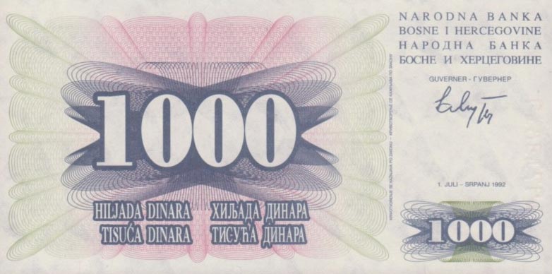Front of Bosnia and Herzegovina p15a: 1000 Dinara from 1992