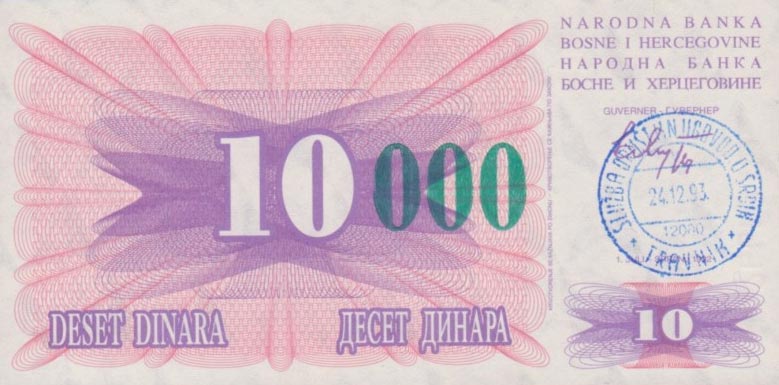 Front of Bosnia and Herzegovina p53c: 10000 Dinara from 1993