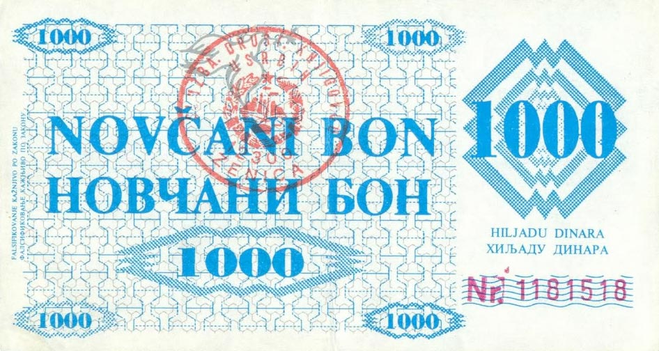 Front of Bosnia and Herzegovina p8g: 1000 Dinara from 1992