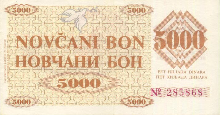 Back of Bosnia and Herzegovina p9f3: 5000 Dinara from 1992