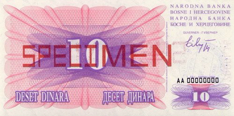 Front of Bosnia and Herzegovina p10s: 10 Dinara from 1992