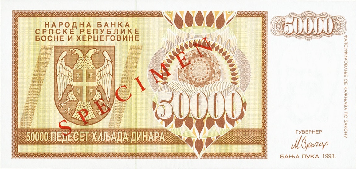 Front of Bosnia and Herzegovina p140s: 50000 Dinara from 1993