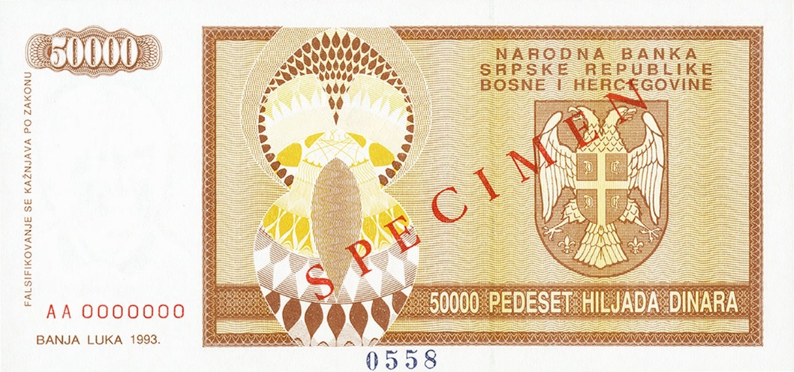 Back of Bosnia and Herzegovina p140s: 50000 Dinara from 1993