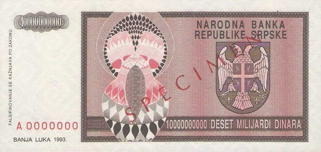 Back of Bosnia and Herzegovina p148s: 10000000000 Dinara from 1993