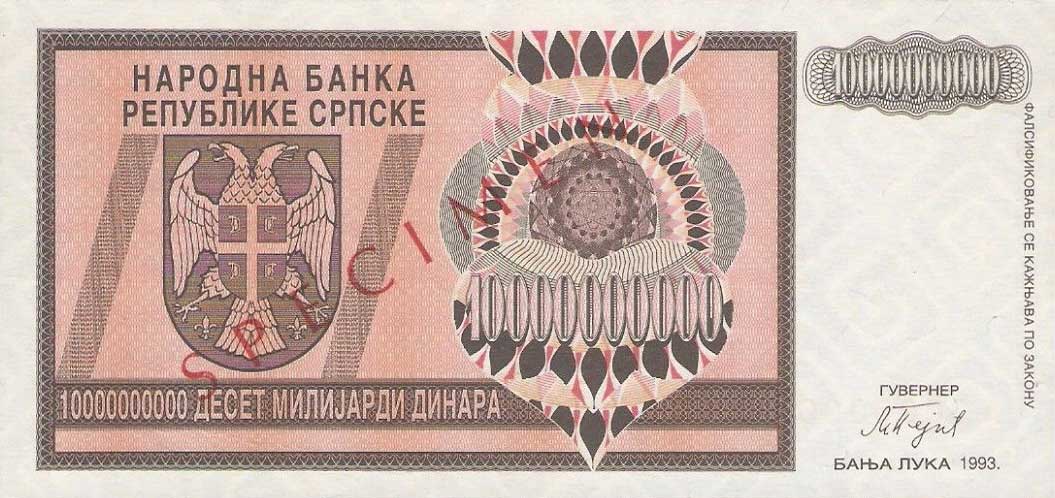 Front of Bosnia and Herzegovina p148s: 10000000000 Dinara from 1993