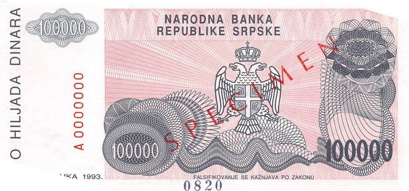 Back of Bosnia and Herzegovina p154s: 100000 Dinara from 1993