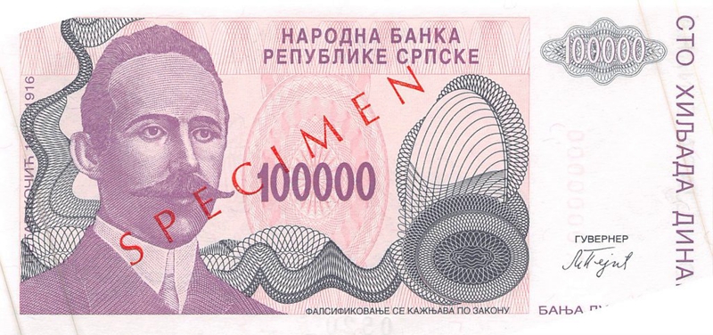 Front of Bosnia and Herzegovina p154s: 100000 Dinara from 1993