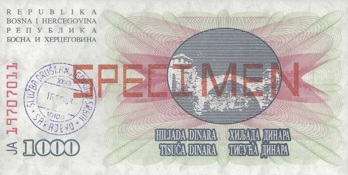 Back of Bosnia and Herzegovina p15s: 1000 Dinara from 1992