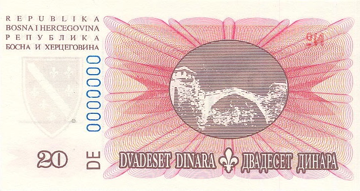 Back of Bosnia and Herzegovina p42s: 20 Dinara from 1994