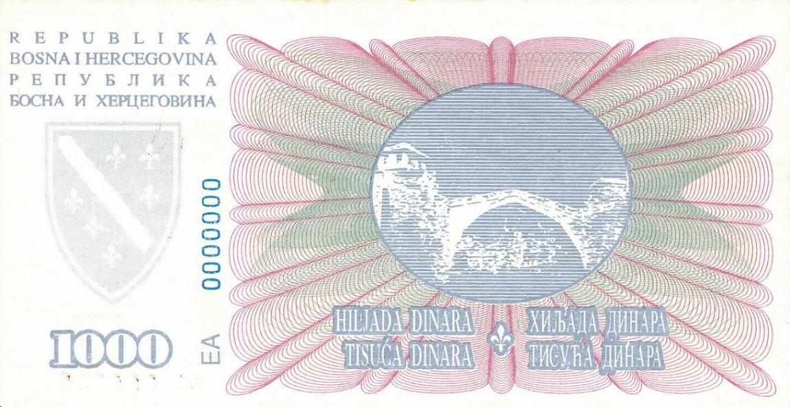 Back of Bosnia and Herzegovina p46s: 1000 Dinara from 1994