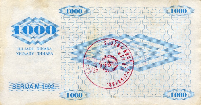 Back of Bosnia and Herzegovina p8e: 1000 Dinara from 1992
