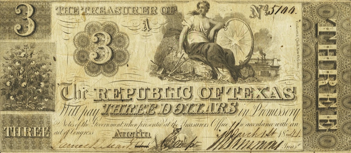 Front of Texas p24: 3 Dollars from 1839