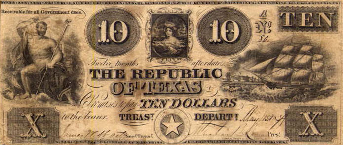 Front of Texas p26: 10 Dollars from 1839