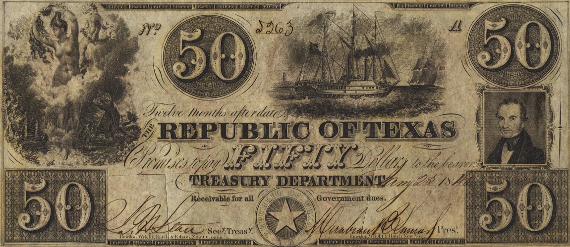 Front of Texas p28: 50 Dollars from 1839