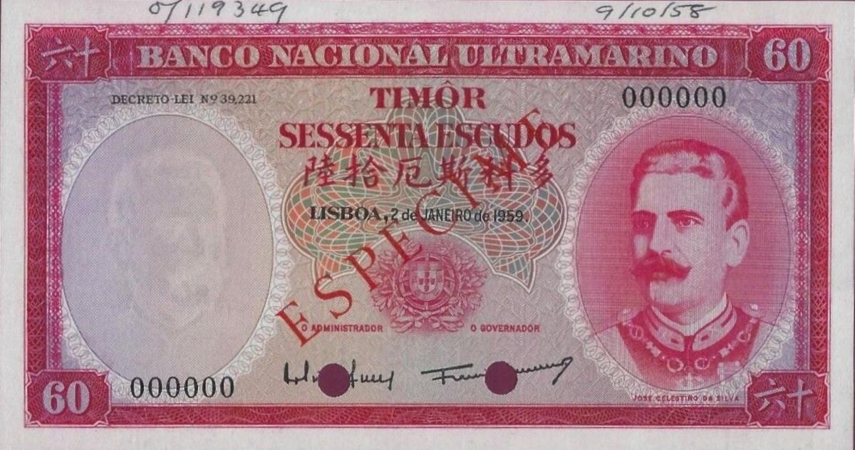 Front of Timor p23s: 60 Escudos from 1959