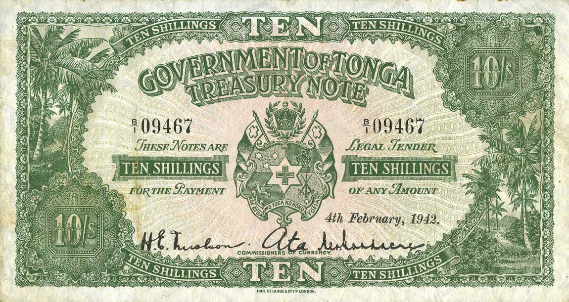 Front of Tonga p10a: 10 Shillings from 1940