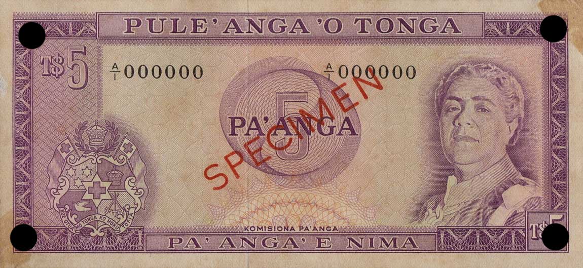Front of Tonga p16s: 5 Pa'anga from 1967