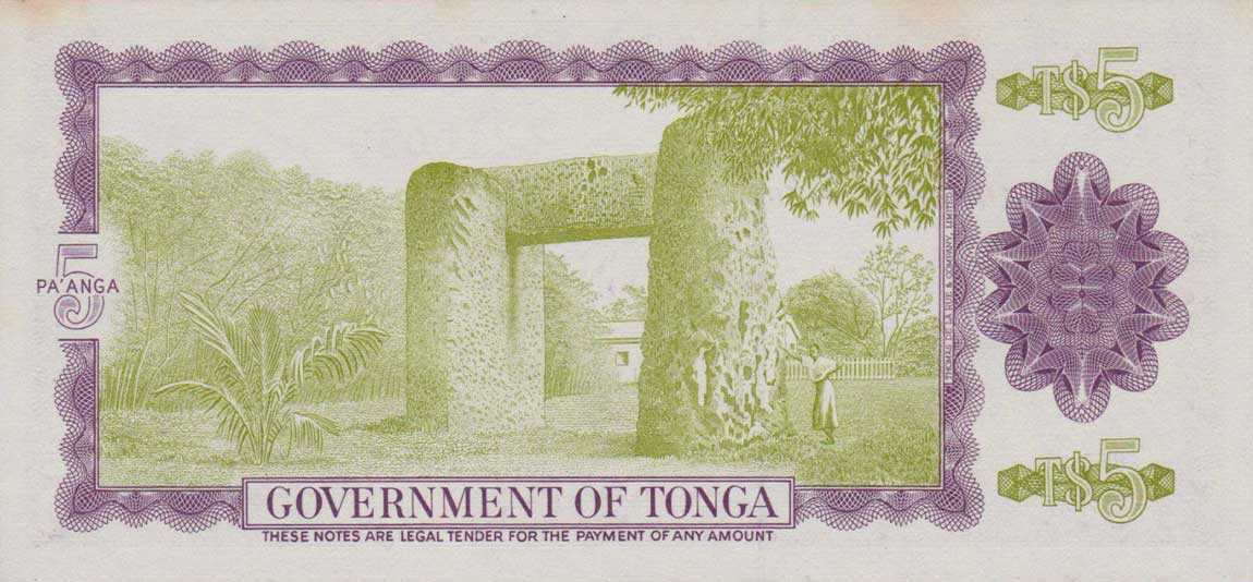 Back of Tonga p21b: 5 Pa'anga from 1976