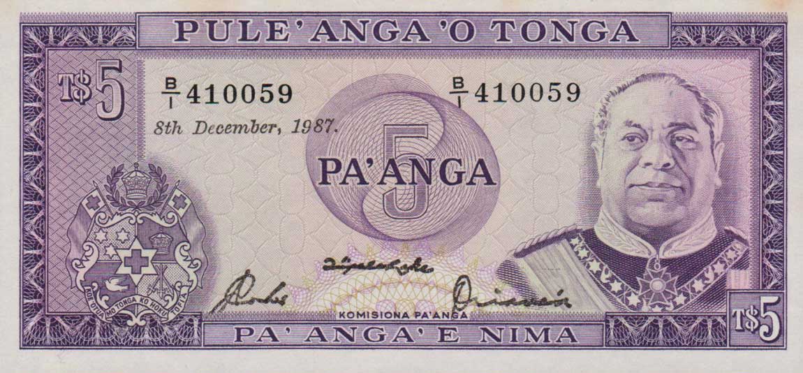 Front of Tonga p21b: 5 Pa'anga from 1976