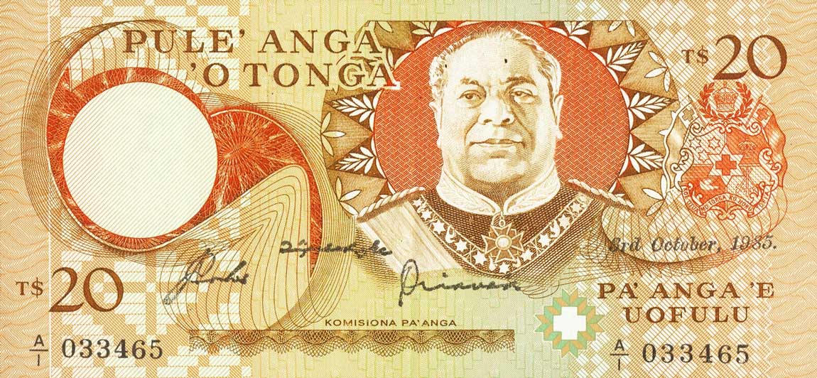 Front of Tonga p23b: 20 Pa'anga from 1985