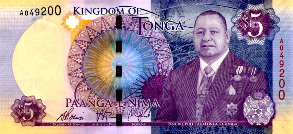 Front of Tonga p45: 5 Pa'anga from 2015