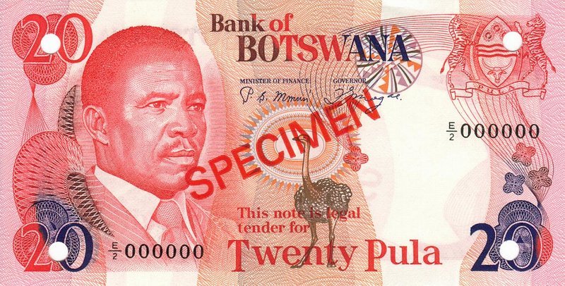 Front of Botswana p10s1: 20 Pula from 1982