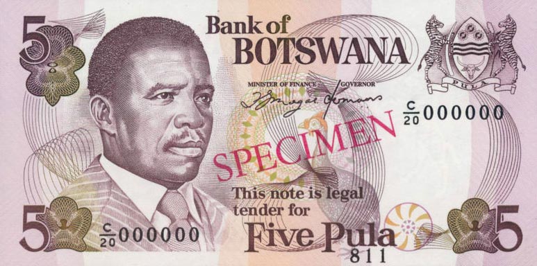 Front of Botswana p11s: 5 Pula from 1992