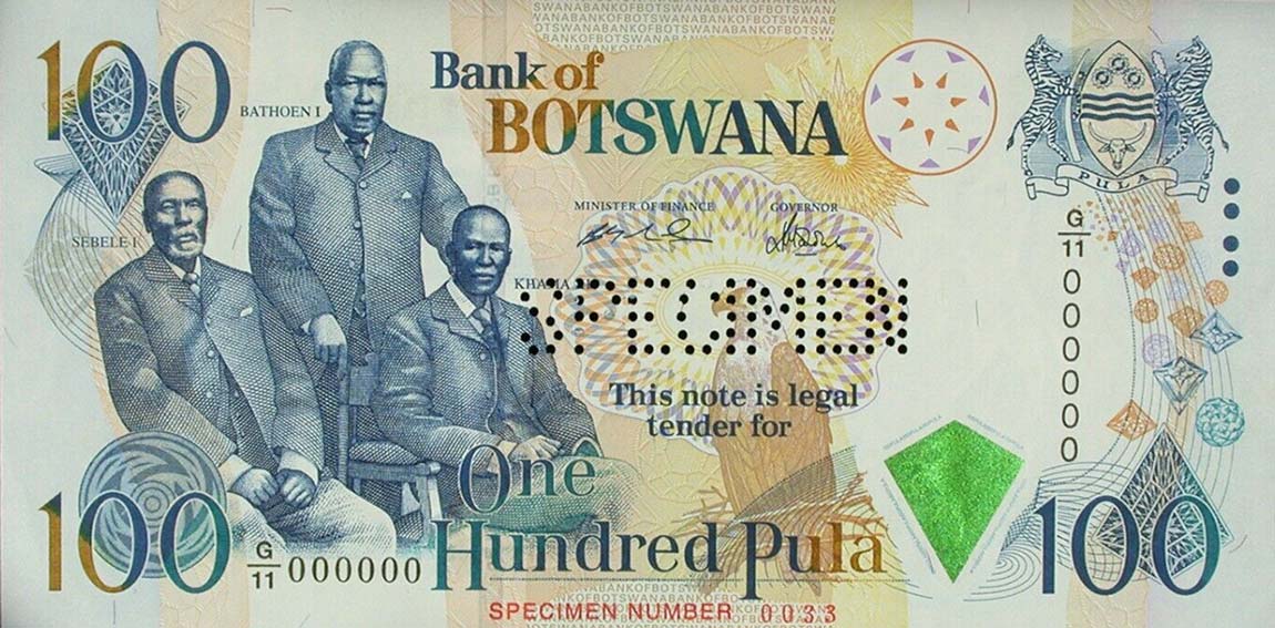 Front of Botswana p23s: 100 Pula from 2000